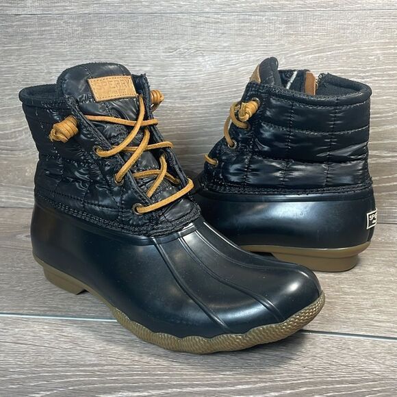 Sperry Top Sider Saltwater Black Quilted Women’s Sz 8 Tan Rubber Rain Duck Boots - Picture 11 of 11